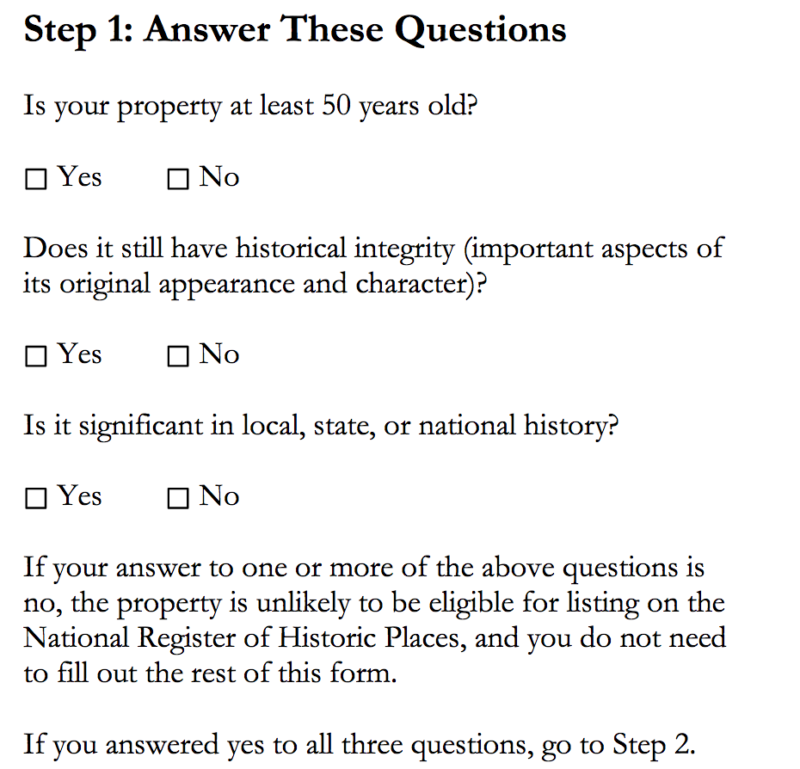 Step 1, National Register of Historic Places Preliminary Questionnaire