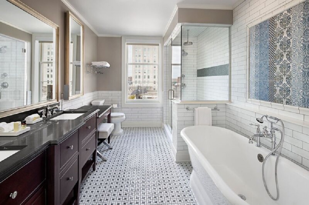 Bathroom of a suite in the Hancock Hotel in Findlay, Ohio